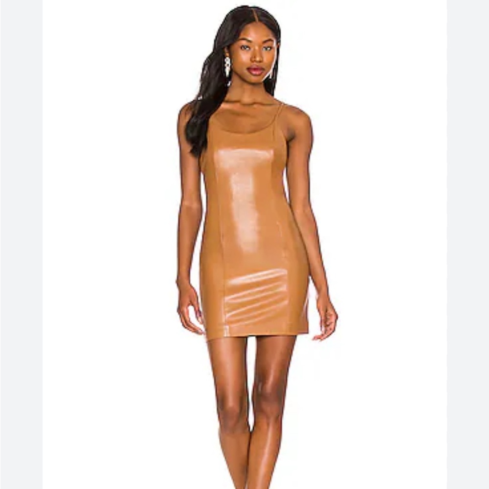 Nelle Vegan Leather Fitted Mini Dress in Camel